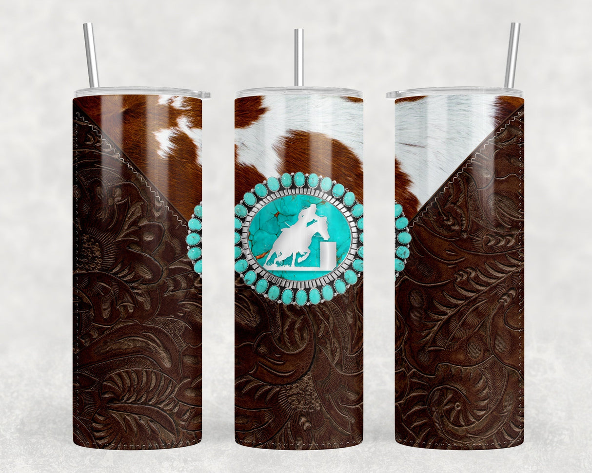 faux cowhide faux leather Barrel Racer - 20 oz Steel Skinny Tumbler - Optional Blue Tooth Speaker - Speaker Color will Vary by Rowdy Ridge Co