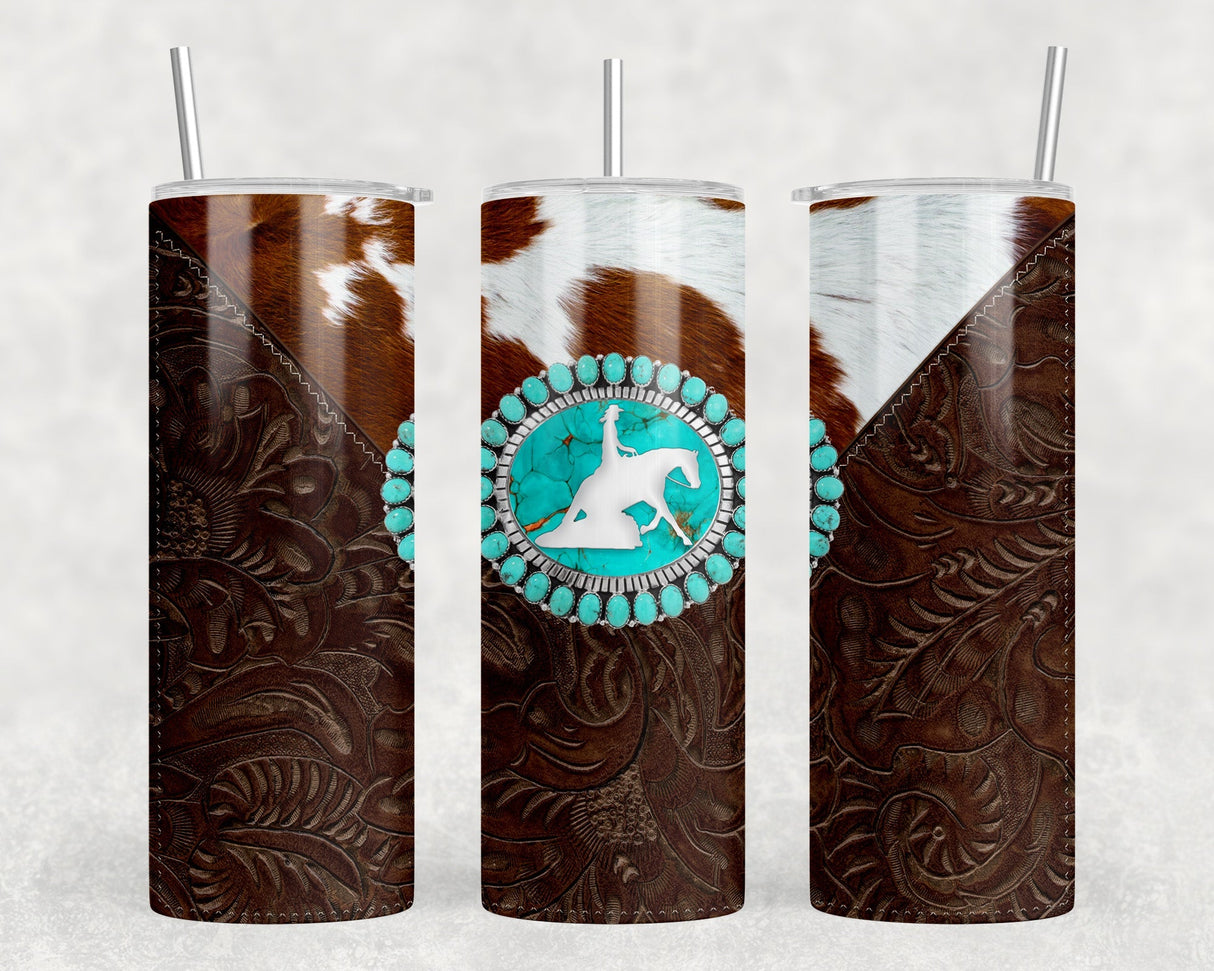 faux cowhide faux leather Horse - 20 oz Steel Skinny Tumbler - Optional Blue Tooth Speaker - Speaker Color will Vary by Rowdy Ridge Co