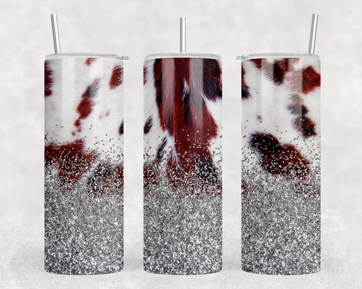 faux cowhide Silver faux glitter|Skinny Tumbler|Optional Bluetooth Speaker| Speaker Color Varies by Rowdy Ridge Co