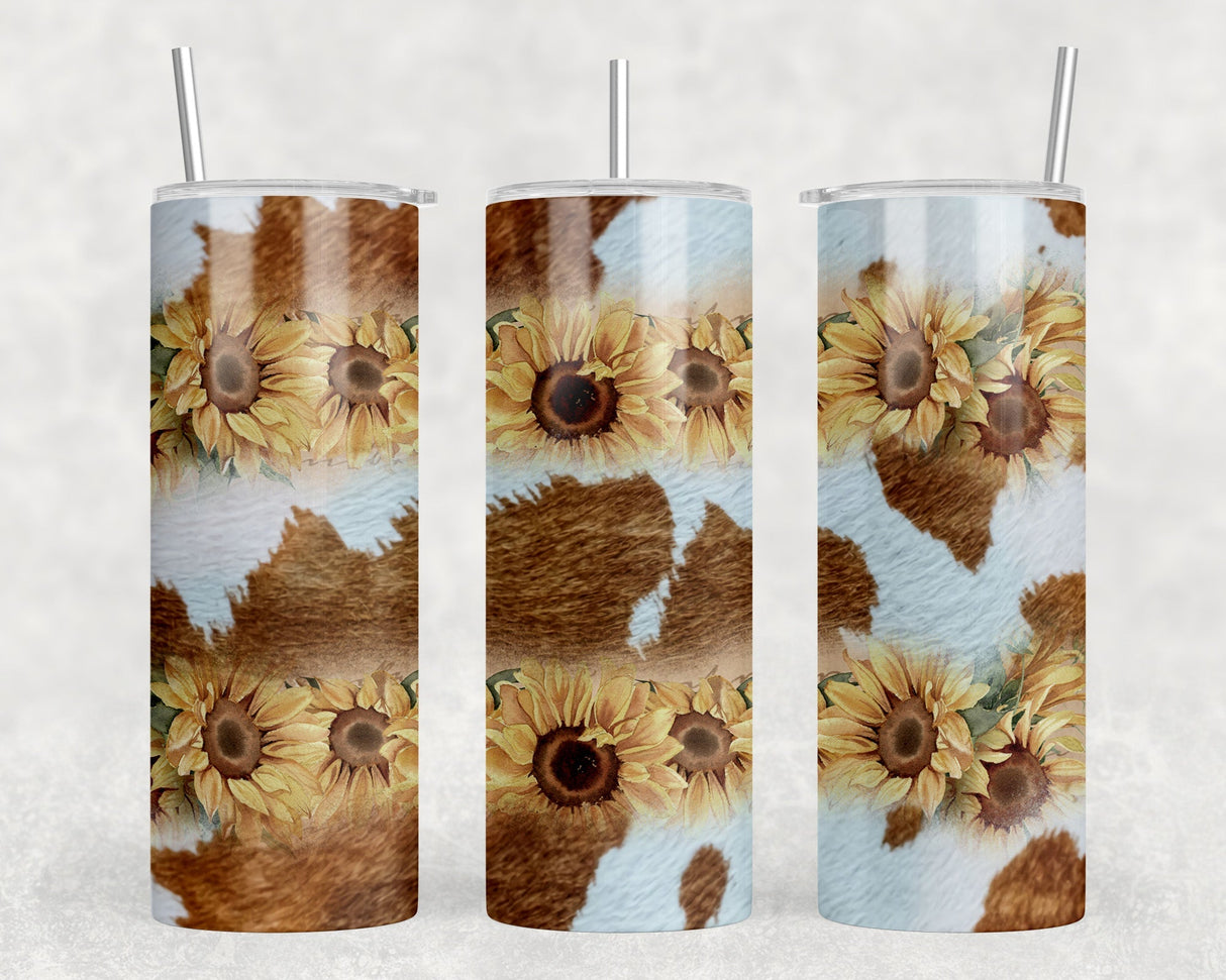 faux cowhide Sunflowers - 20 oz Steel Skinny Tumbler - Optional Blue Tooth Speaker - Speaker Color will Vary by Rowdy Ridge Co