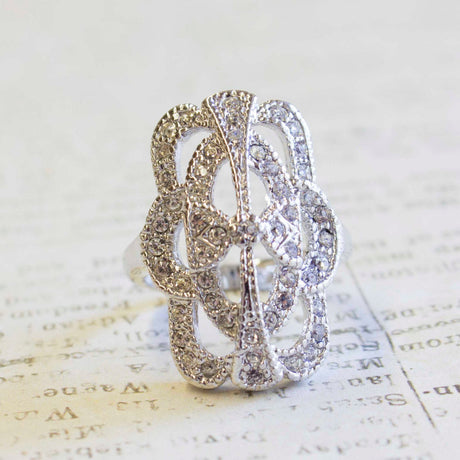 Vintage Genuine Marcasite Cocktail Ring 1800s Design 18k Antiqued White Gold Electroplate by PVD Vintage Jewelry