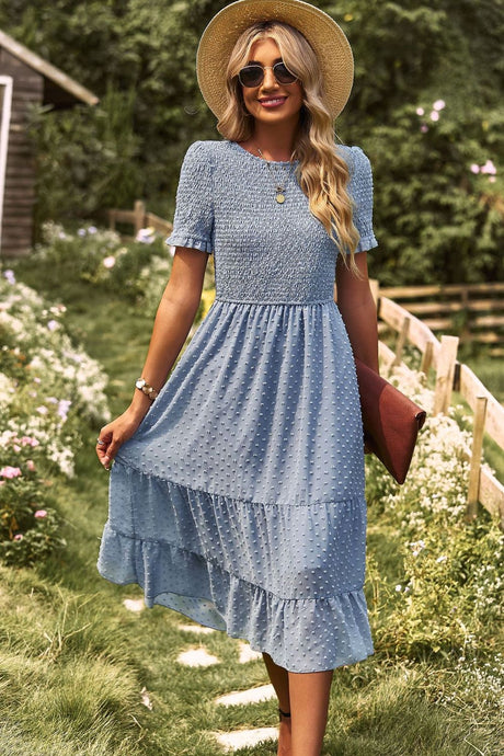 Swiss Dot Smocked Round Neck Short Sleeve Midi Dress by Faz