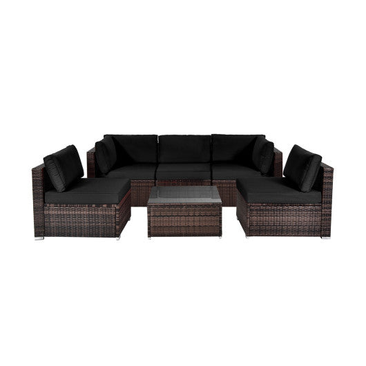 6 Pieces Patio Rattan Furniture Set with Cushions and Glass Coffee Table-Black