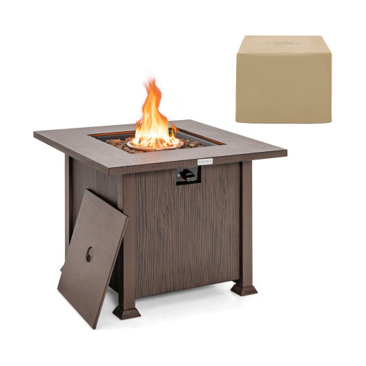 32 Inch 50 000 BTU Square Fire Pit Table with Lid and Lava Rocks-Brown