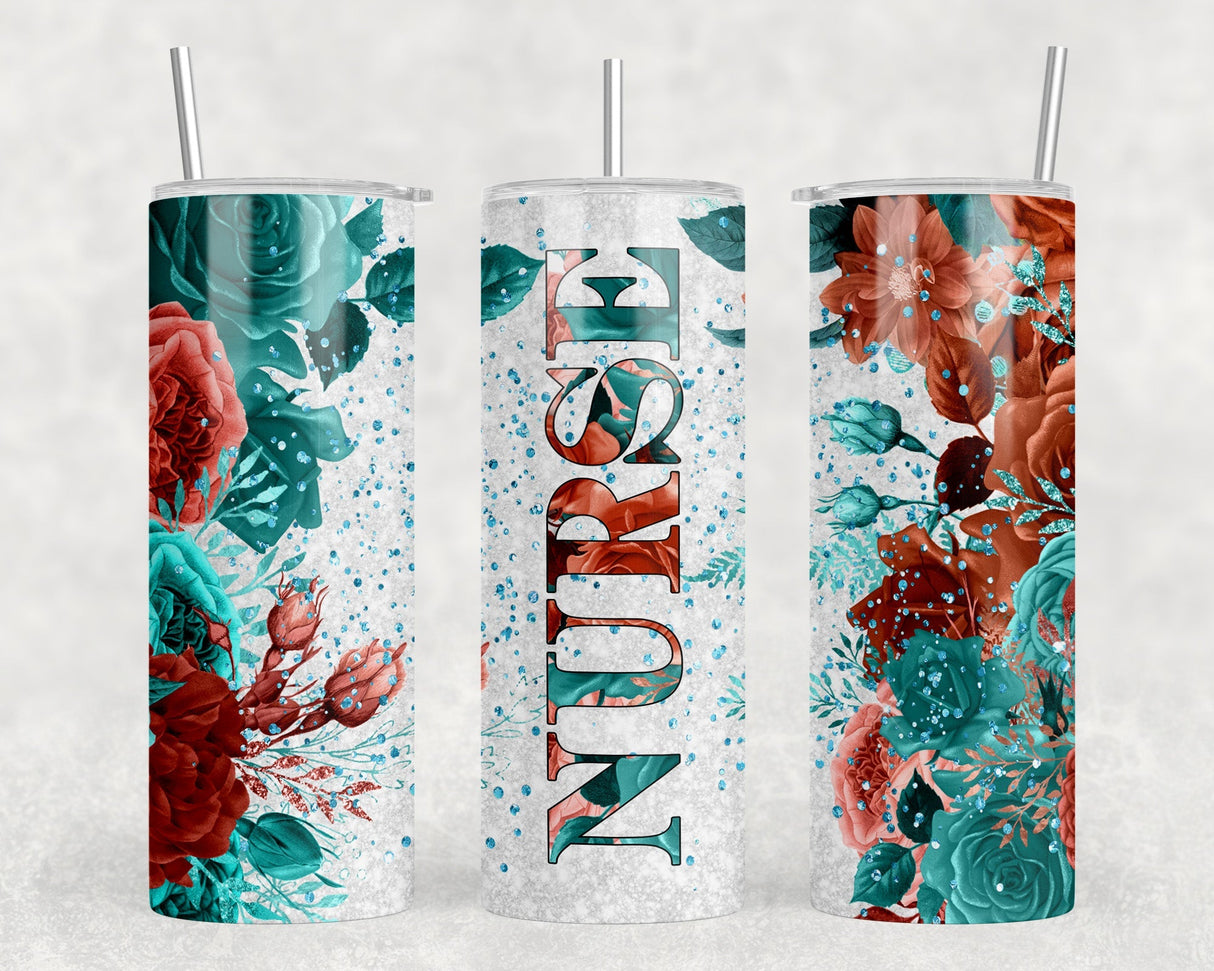 Floral Nurse - 20 oz Steel Skinny Tumbler - Optional Blue Tooth Speaker - Speaker Color will Vary by Rowdy Ridge Co