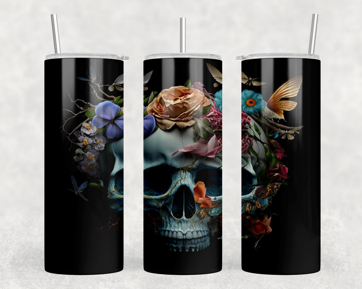 Floral Skull  - 20 oz Steel Skinny Tumbler - Optional Blue Tooth Speaker - Speaker Color will Vary by Rowdy Ridge Co