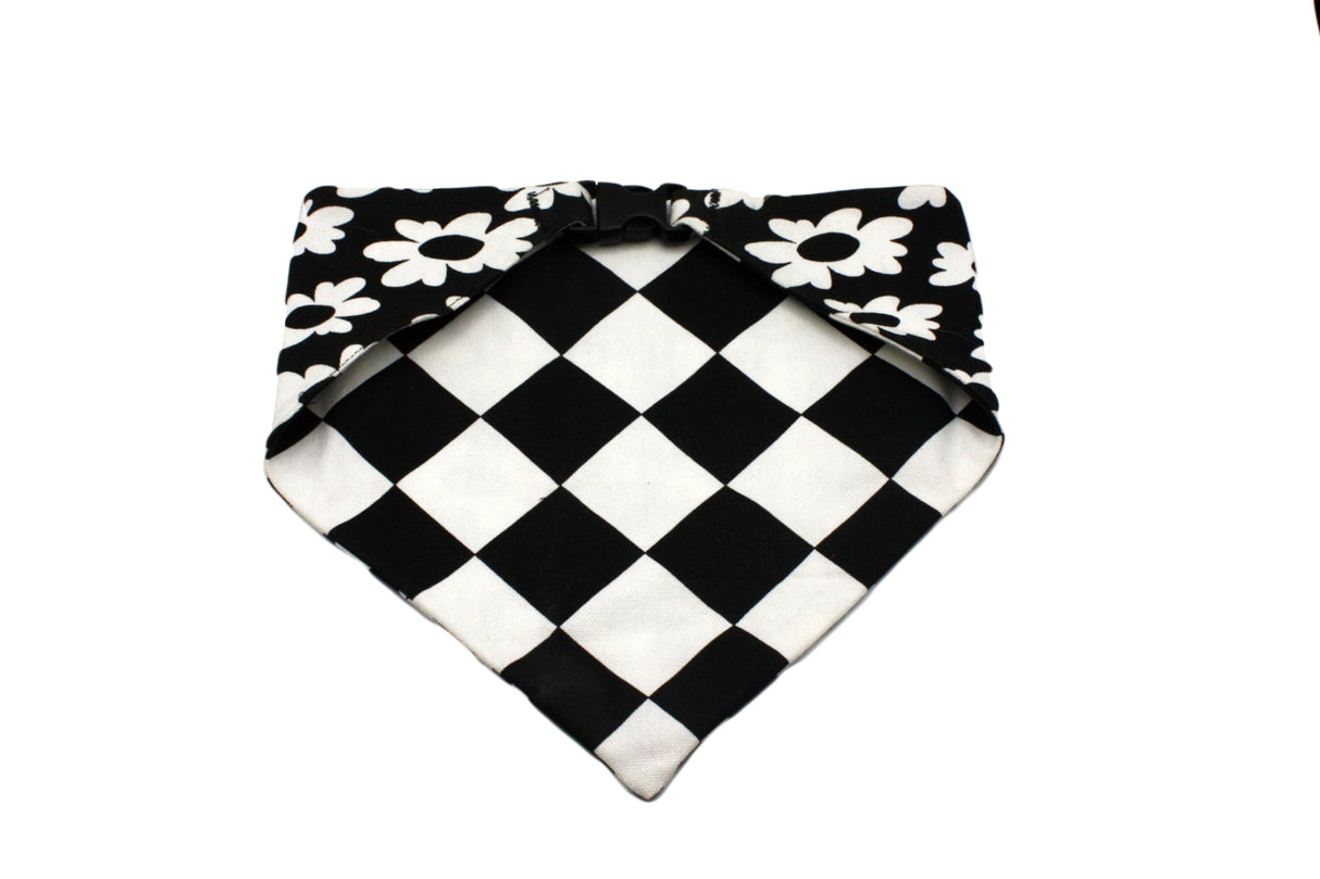 Black White Flower with Checkerboard Reversible Dog Bandana by Uptown Pups