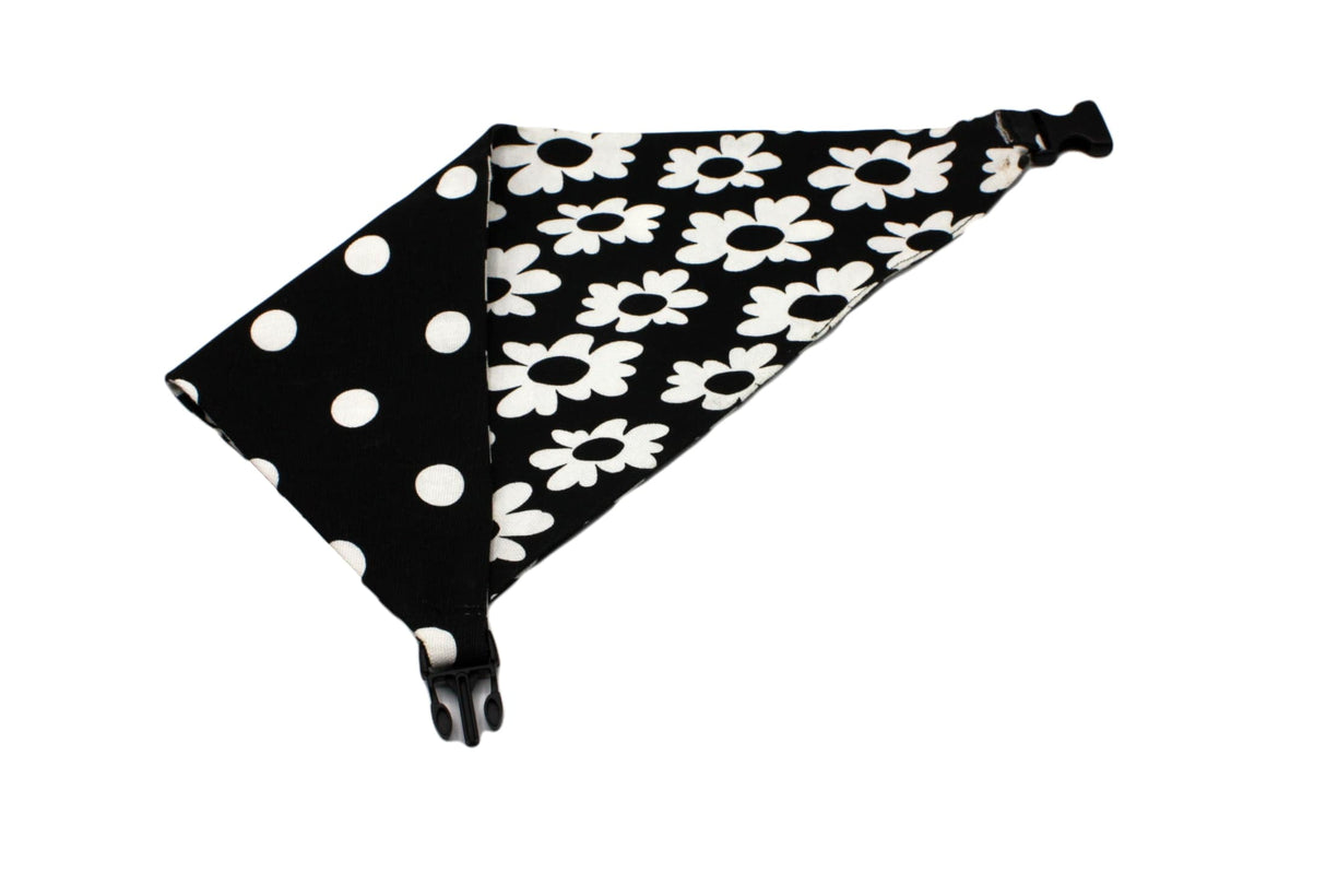 Black White Flower and Polka Dots Reversible Dog Bandana by Uptown Pups