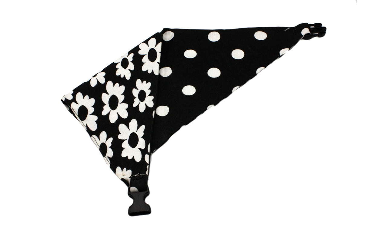 Black White Flower and Polka Dots Reversible Dog Bandana by Uptown Pups