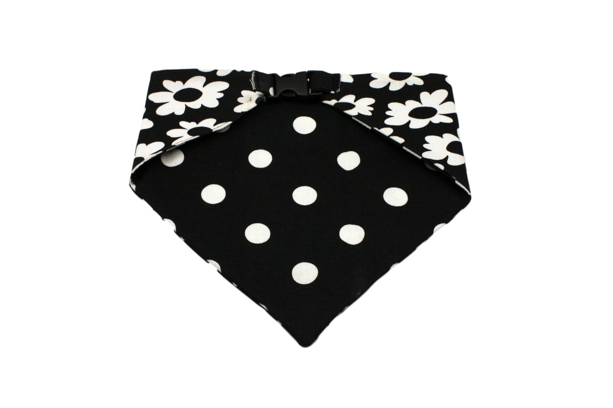 Black White Flower and Polka Dots Reversible Dog Bandana by Uptown Pups