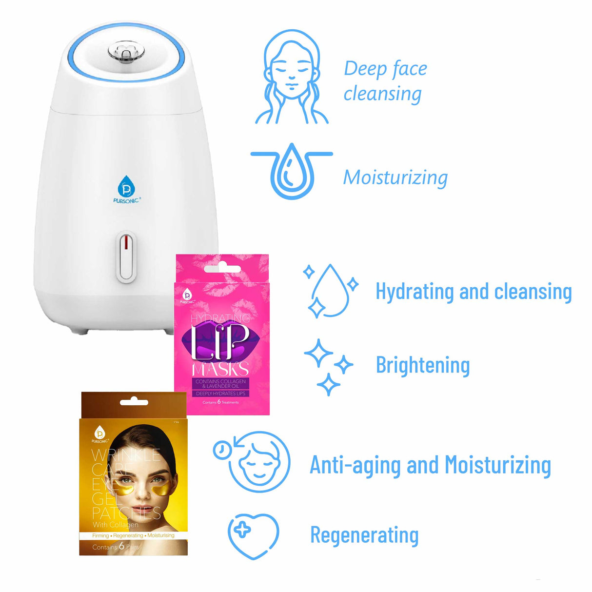 Pursonic Deluxe Facial Steamer with 6 Soothing Eye Masks & 6 Nourishing Lip Masks by Pursonic