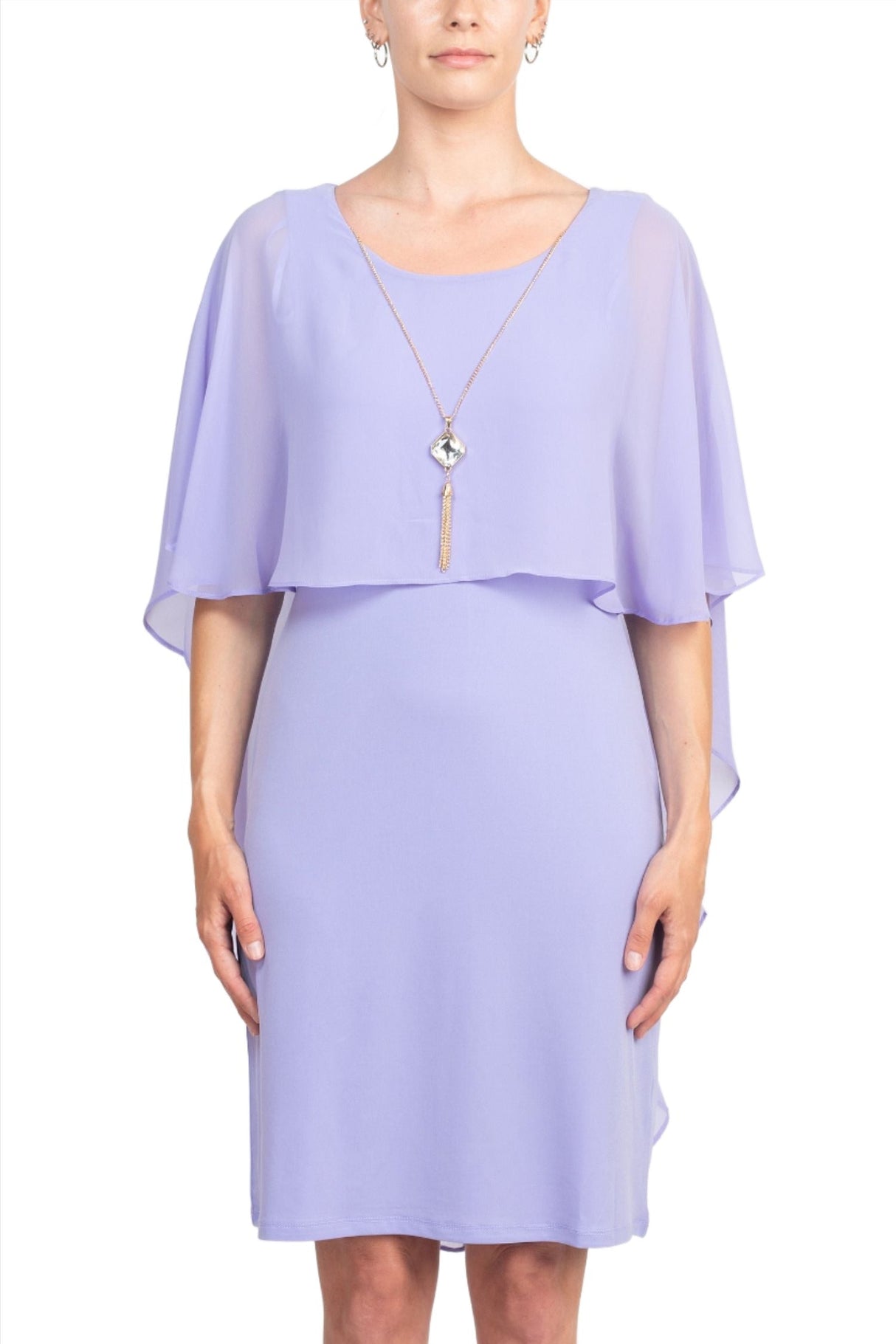 Glamour Scoop Neck Chiffon Cape Short Sleeve ITY Dress by Curated Brands