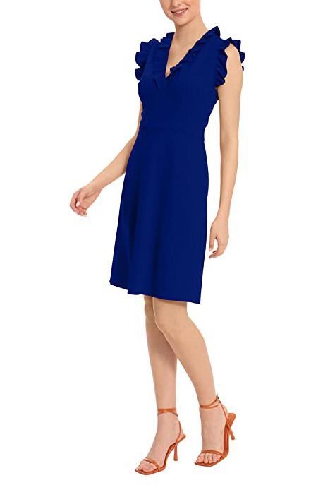 Maggy London V-Neck Ruffle Sleeves Back Zipper Short Crepe Dress by Curated Brands