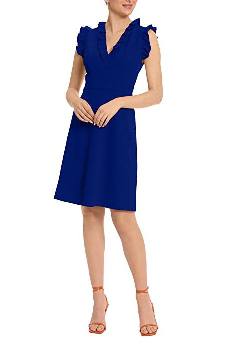 Maggy London V-Neck Ruffle Sleeves Back Zipper Short Crepe Dress by Curated Brands