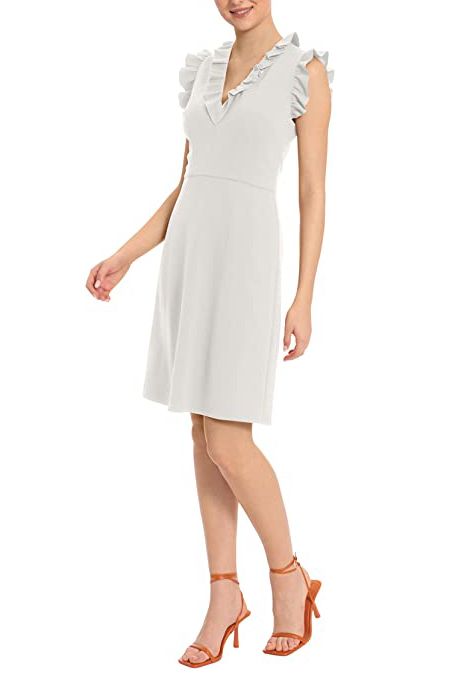 Maggy London V-Neck Ruffle Sleeves Back Zipper Short Crepe Dress by Curated Brands