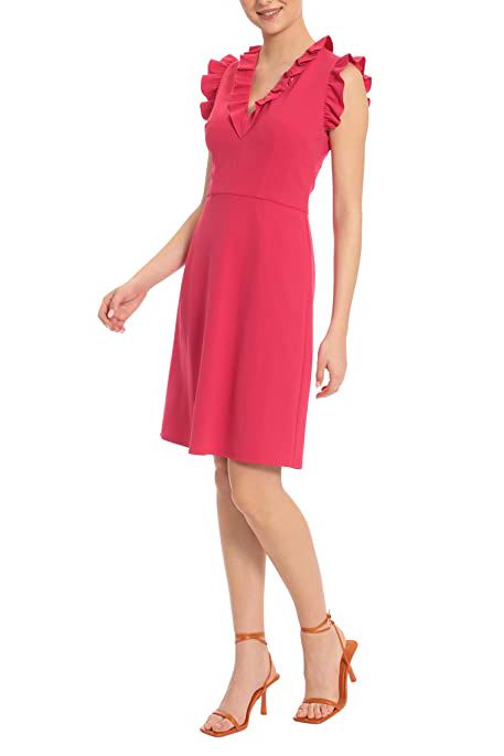 Maggy London V-Neck Ruffle Sleeves Back Zipper Short Crepe Dress by Curated Brands