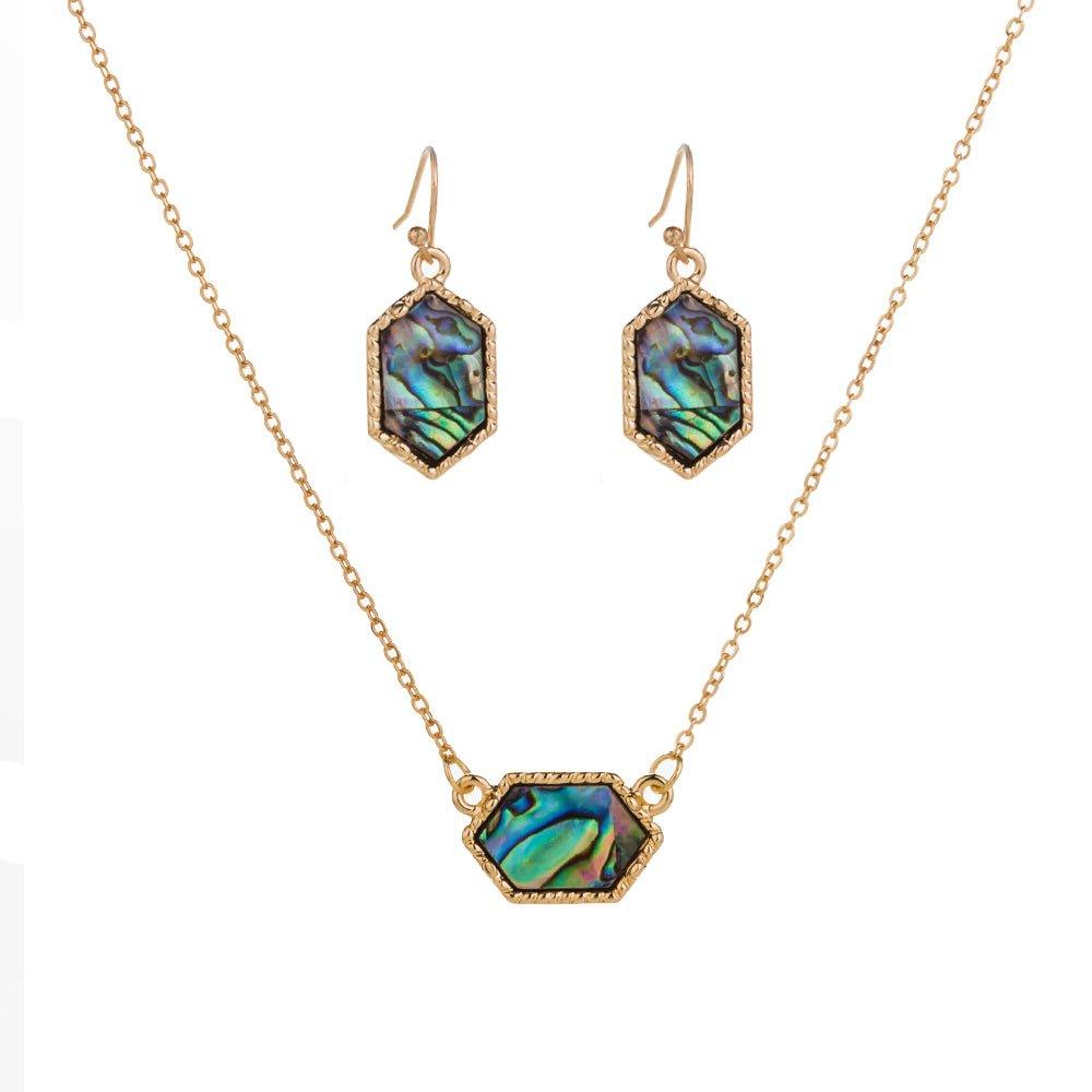 Gold Hexagon Abalone Necklace and Abalone Earrings Set For Women by Hollywood Sensation®