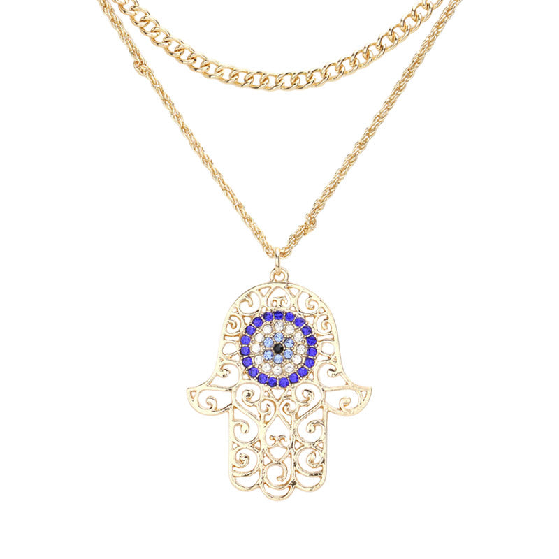 Rhinestone Evil Eye Filigree Hamsa Pendant Layered Necklace by Madeline Love