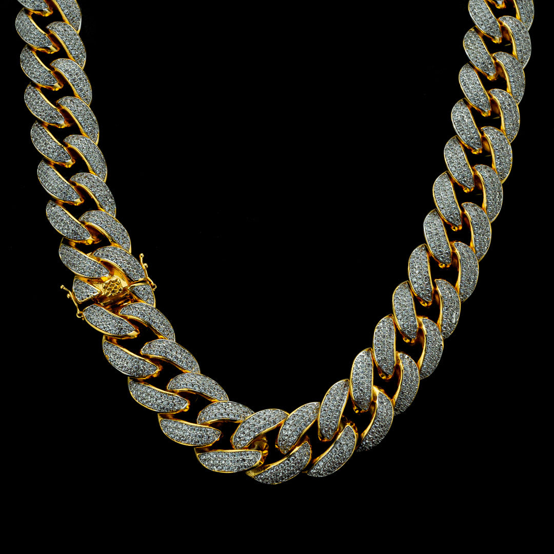 18mm Diamond 3 Row Miami Cuban Link Chain in Yellow Gold by Custom Gold Grillz