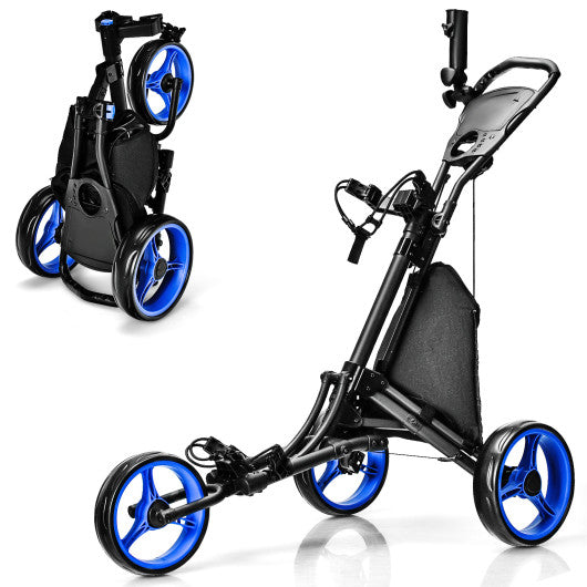 Folding 3 Wheels Golf Push Cart with Bag Scoreboard Adjustable Handle-Blue