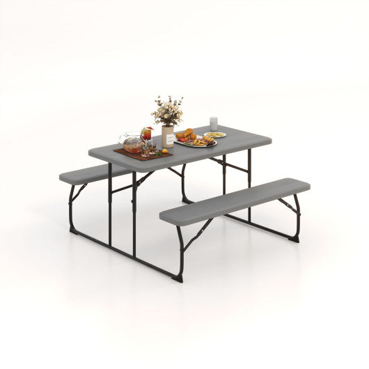 Indoor and Outdoor Folding Picnic Table Bench Set with Wood-like Texture-Gray