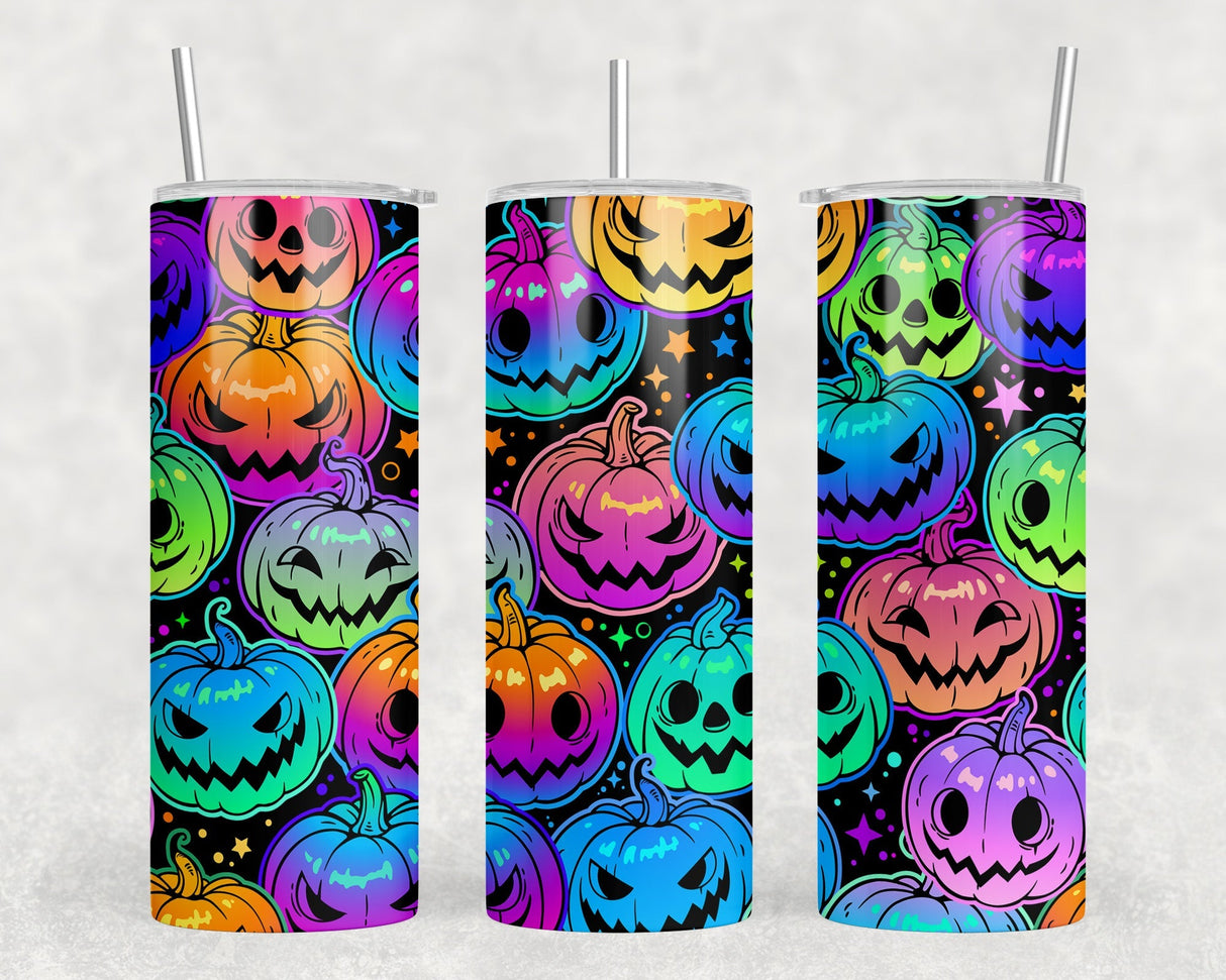 Halloween Neon Pumpkins - 20 oz Steel Skinny Tumbler - Optional Blue Tooth Speaker - Speaker Color will Vary by Rowdy Ridge Co