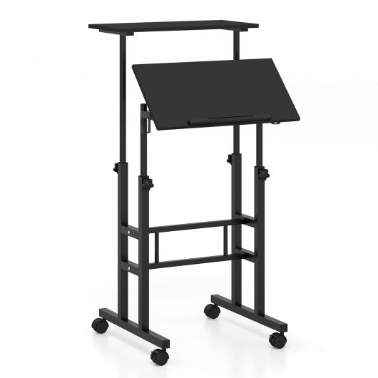 Height Adjustable Mobile Standing Desk with Rolling Wheels for Office and Home-Black