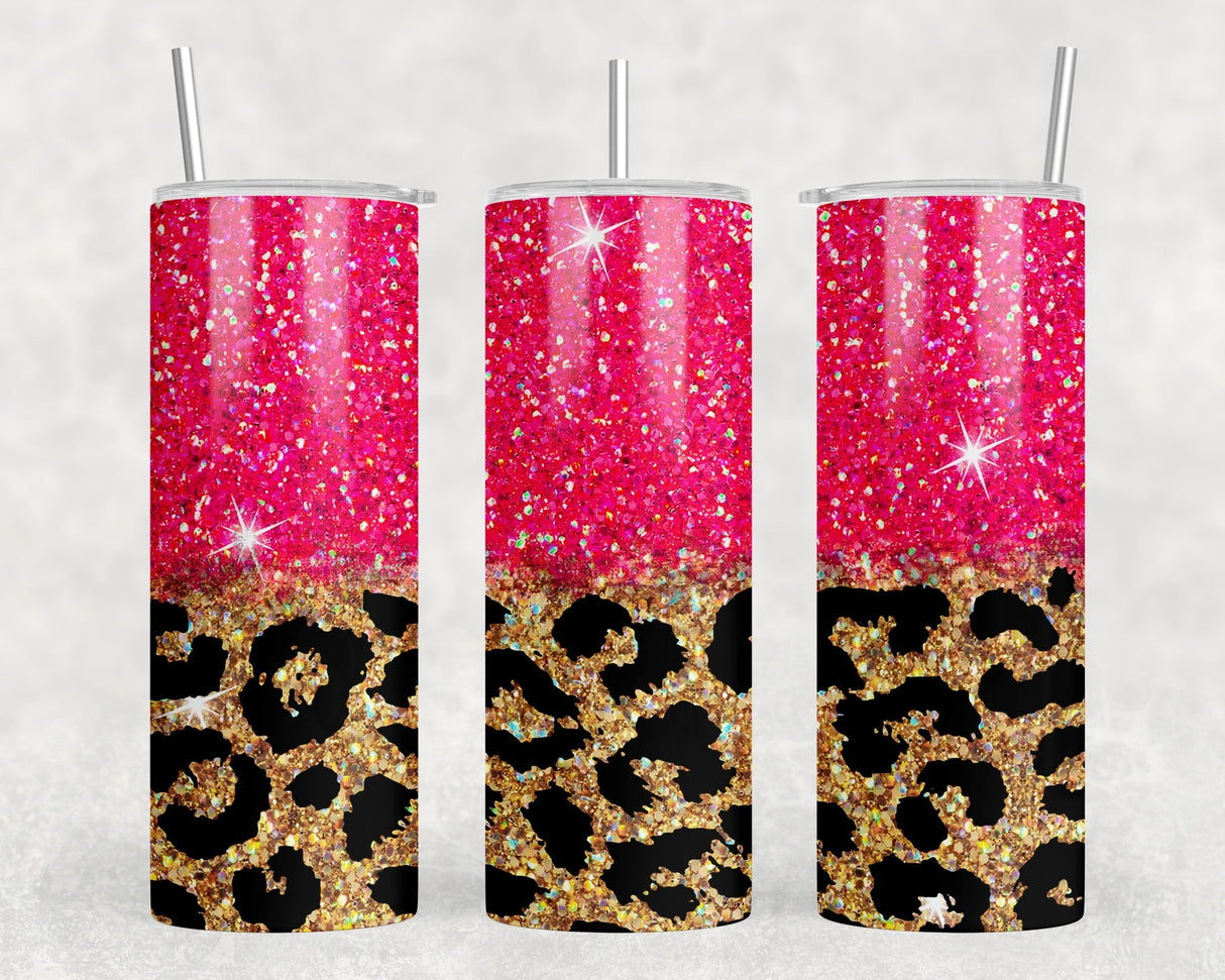 Hot Pink Leopard Print - 20 oz Steel Skinny Tumbler - Optional Blue Tooth Speaker - Speaker Color will Vary by Rowdy Ridge Co