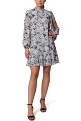 Laundry Crew Neck Slit Long Sleeve Floral Print Zipper Back Ruffled Hem Chiffon Dress by Curated Brands