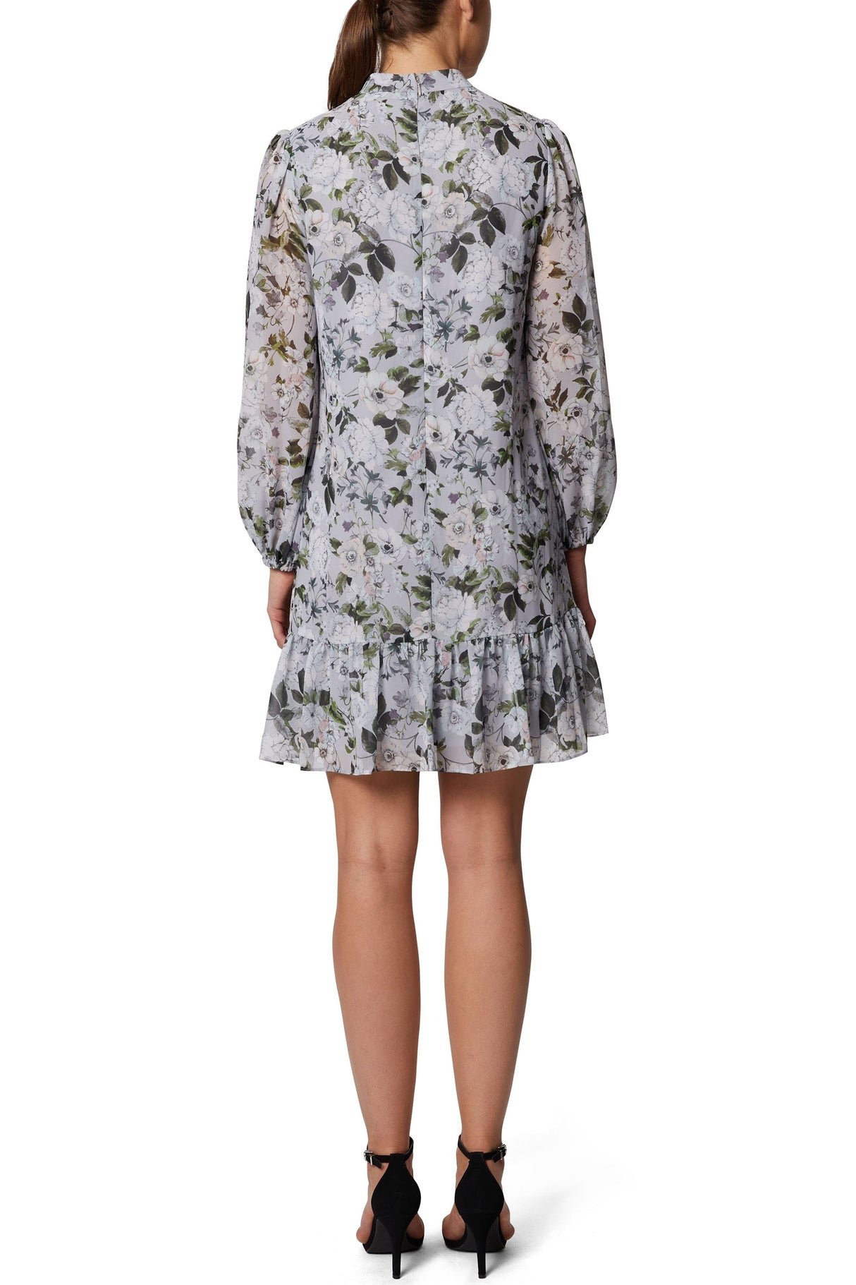 Laundry Crew Neck Slit Long Sleeve Floral Print Zipper Back Ruffled Hem Chiffon Dress by Curated Brands