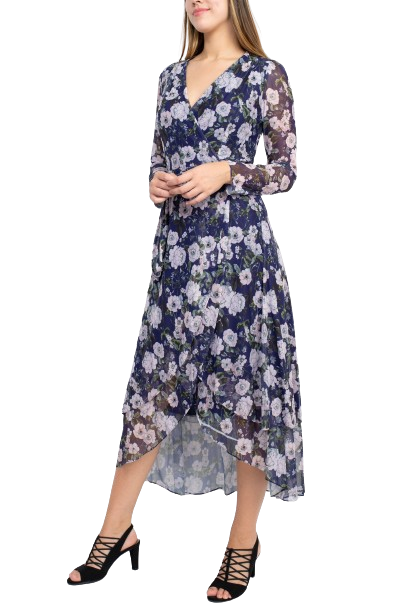 Laundry V-Neck Long Sleeve Tie Waist Floral Print Tiered Power Mesh Dress by Curated Brands