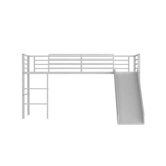 Twin Metal Loft Bed with Slide Safety Guardrails and Built-in Ladder-Silver