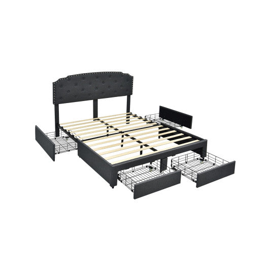 Platform Bed Frame with 4 Storage Drawers and Adjustable Headboard-Queen Size