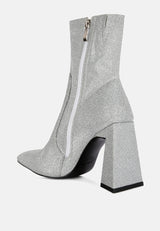 hustlers shimmer block heeled ankle boots by London Rag