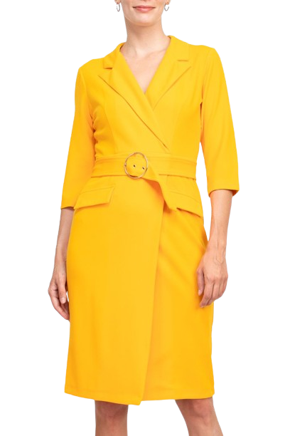 Sharagano Notched Collar 3/4 Sleeve Solid Belted Stretch Crepe Dress by Curated Brands