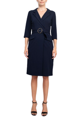 Sharagano Notched Collar 3/4 Sleeve Solid Belted Stretch Crepe Dress by Curated Brands