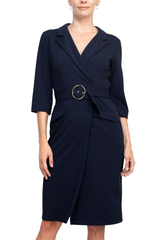 Sharagano Notched Collar 3/4 Sleeve Solid Belted Stretch Crepe Dress by Curated Brands