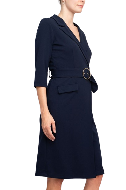 Sharagano Notched Collar 3/4 Sleeve Solid Belted Stretch Crepe Dress by Curated Brands