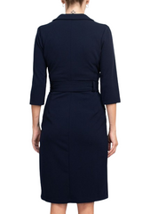 Sharagano Notched Collar 3/4 Sleeve Solid Belted Stretch Crepe Dress by Curated Brands