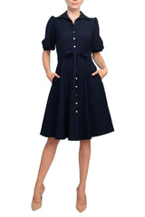 Sharagano Collared Short Sleeve Button Front Closure Tie Waist Solid Stretch Crepe Dress With Pockets by Curated Brands