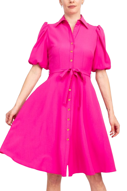 Sharagano Collared Short Sleeve Button Front Closure Tie Waist Solid Stretch Crepe Dress With Pockets by Curated Brands