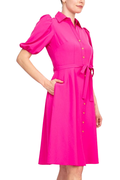 Sharagano Collared Short Sleeve Button Front Closure Tie Waist Solid Stretch Crepe Dress With Pockets by Curated Brands