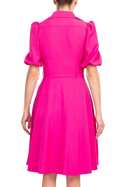 Sharagano Collared Short Sleeve Button Front Closure Tie Waist Solid Stretch Crepe Dress With Pockets by Curated Brands