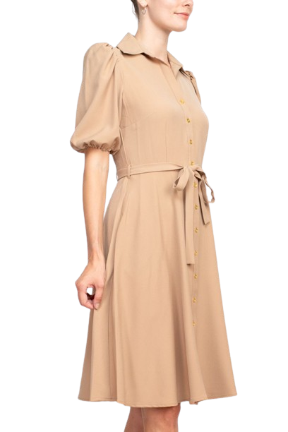 Sharagano Collared Short Sleeve Button Front Closure Tie Waist Solid Stretch Crepe Dress With Pockets by Curated Brands