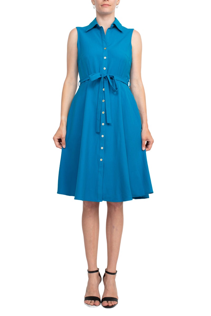 Sharagano Rayon Sleeveless Button Down Collar Shirt Dress With Pockets by Curated Brands