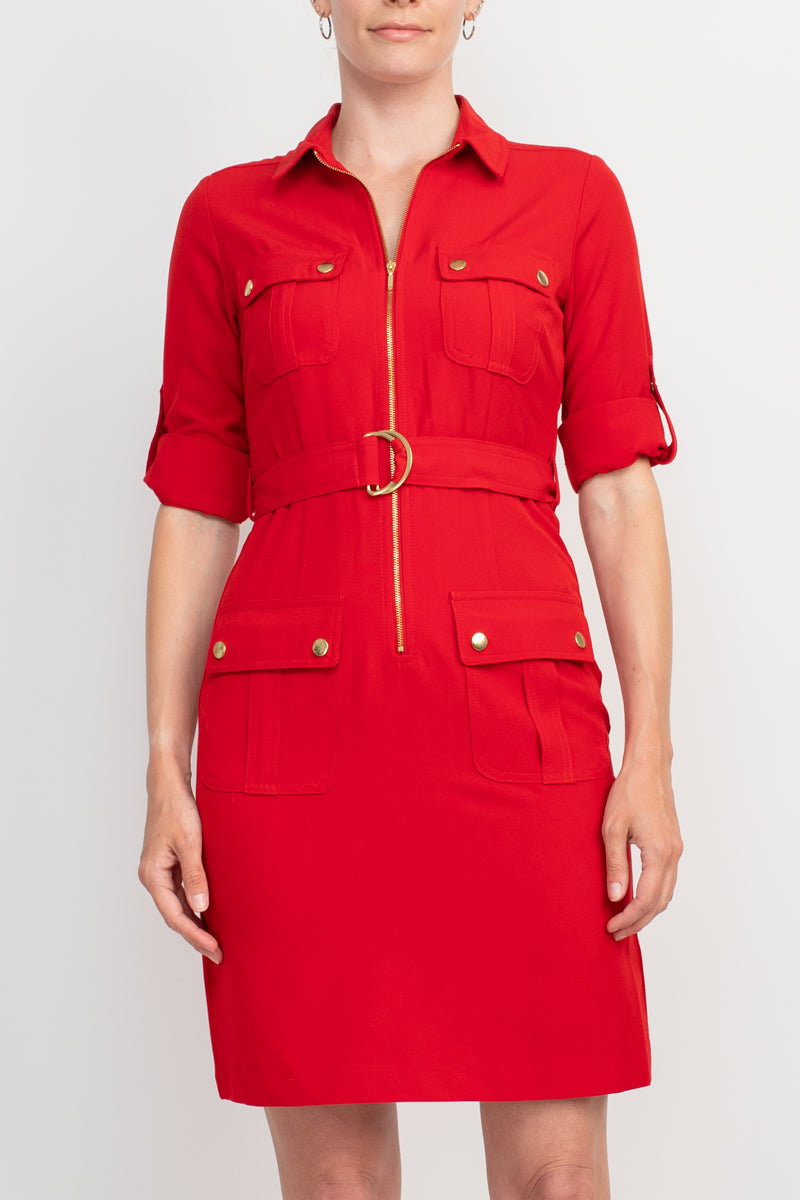 Sharagano Collared Short Sleeve Zipper Front Belted Solid Rayon Dress by Curated Brands