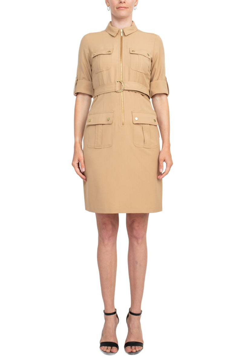 Sharagano Collared Short Sleeve Zipper Front Belted Solid Rayon Dress by Curated Brands