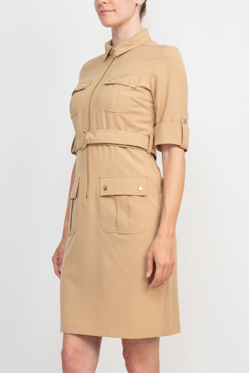 Sharagano Collared Short Sleeve Zipper Front Belted Solid Rayon Dress by Curated Brands