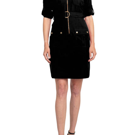 Sharagano Collared Short Sleeve Zipper Front Belted Solid Rayon Dress by Curated Brands