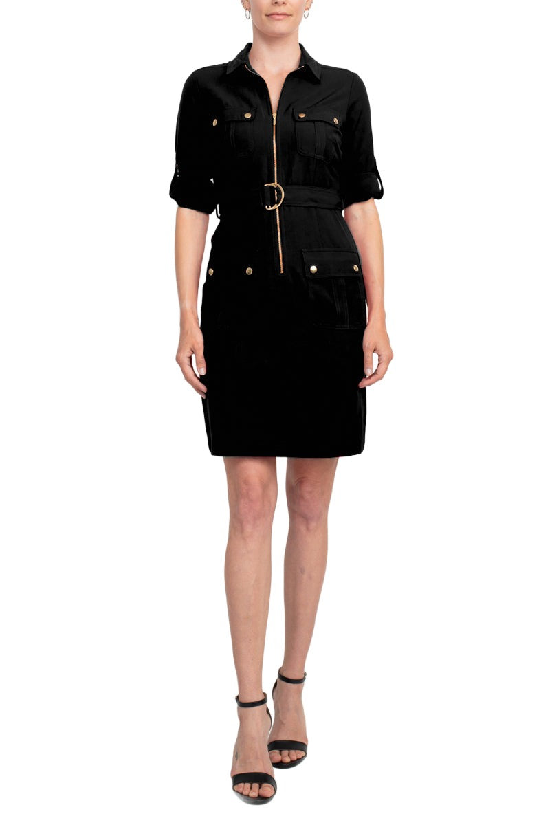 Sharagano Collared Short Sleeve Zipper Front Belted Solid Rayon Dress by Curated Brands